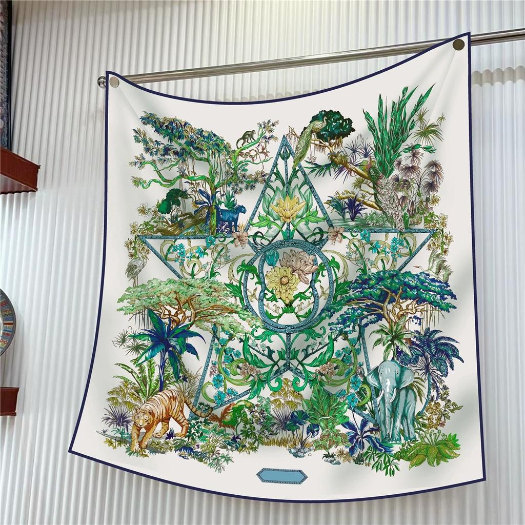 90CM Lady Decoration Twill Scarves Travel Sunscreen Shawl Animal In Forest Printed Square Hair Scarf Shawl Stole Hijab for Women