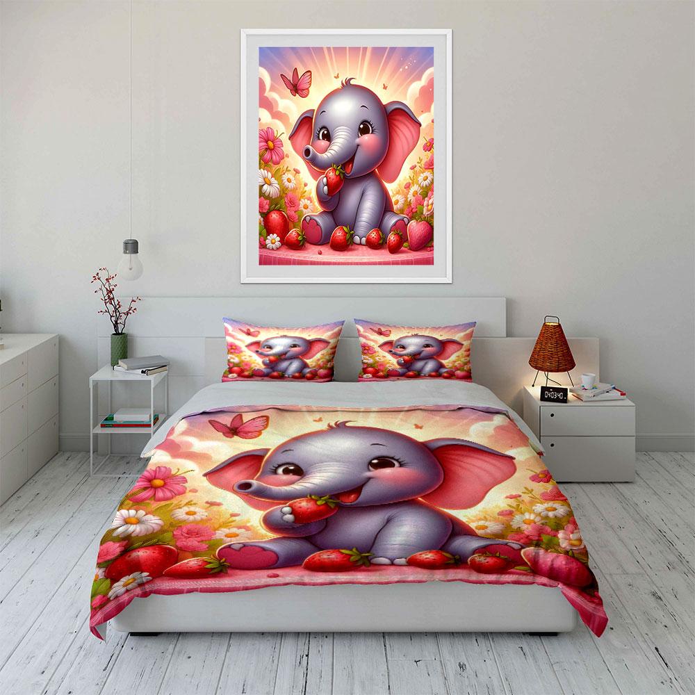 Baby Elephant Strawberry Decor Set Bedding Set with 1 Duvet Cover 2 Pillowcases Single Double King Queen, Gift