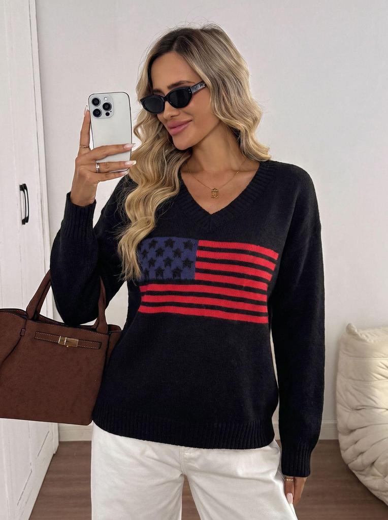 Women's European V-Neck Knit Sweater - 2026 Flag Pattern, Long Sleeve Pullover for Autumn/Winter