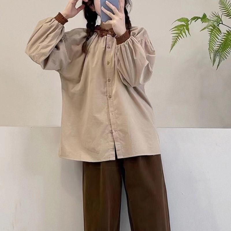 Johnature Toamnă Iarnă Cămașă din velur cu gât rotund cu ciuperci japoneze