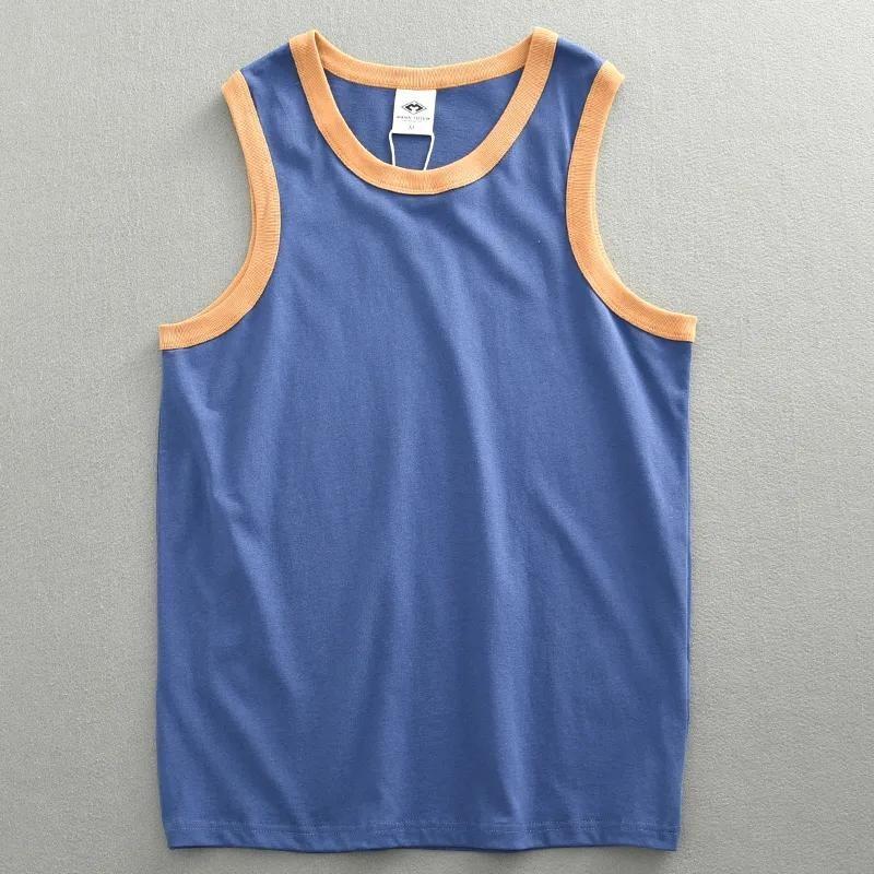 Herren Blau Orange Kontrastbesatz Rundhalsausschnitt Ärmelloses Tanktop