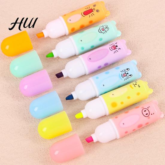 Office Highlighting Pen 6Pcs Chisel Tip Highlighter Marker, Cute Marker Pen, Cartoon Macaron Oblique Head No-Bleed Ink Markers for Journaling,