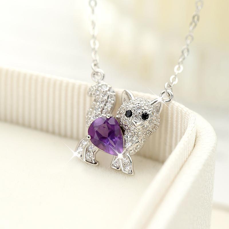S925 Silver Cat Pendant Necklace Natural Crystal Choker Chain for Women