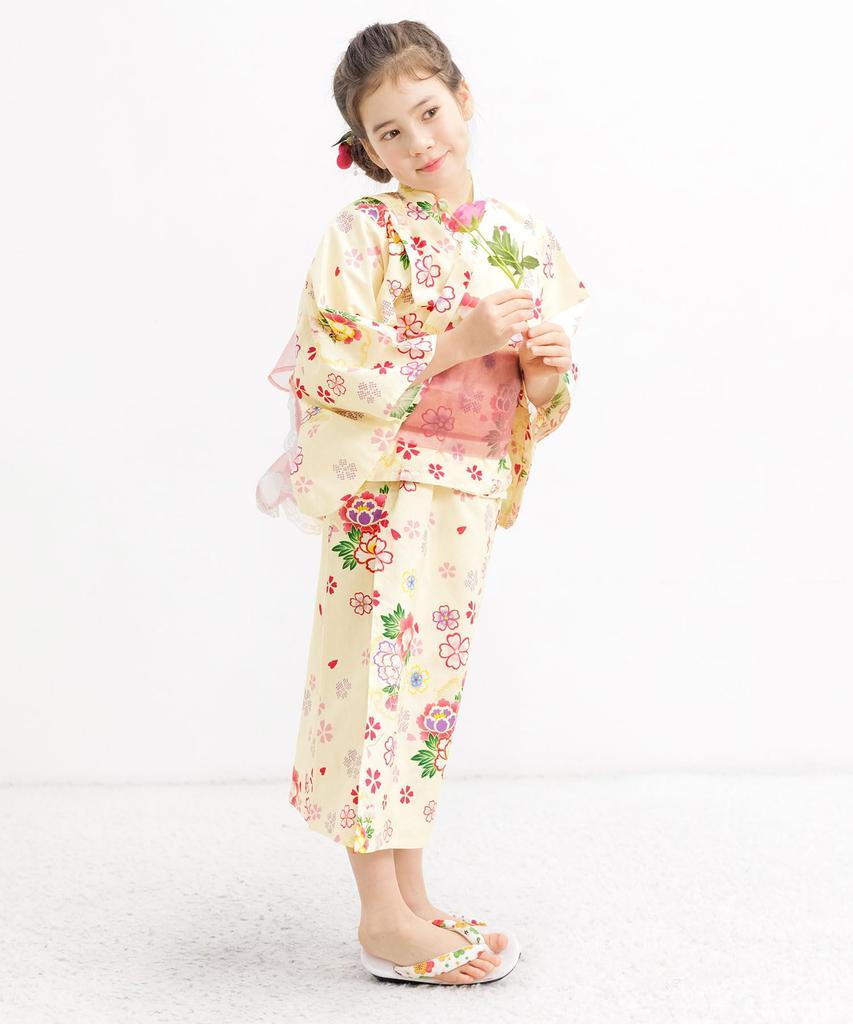 Bee Yukata Set for Fireworks Say00004 Ivory X Cherry Blossom [Bee] 3-piece Girls, Kids, Summer, Striped, Lattice, Goldfish, Ruched, Easy, Festival,