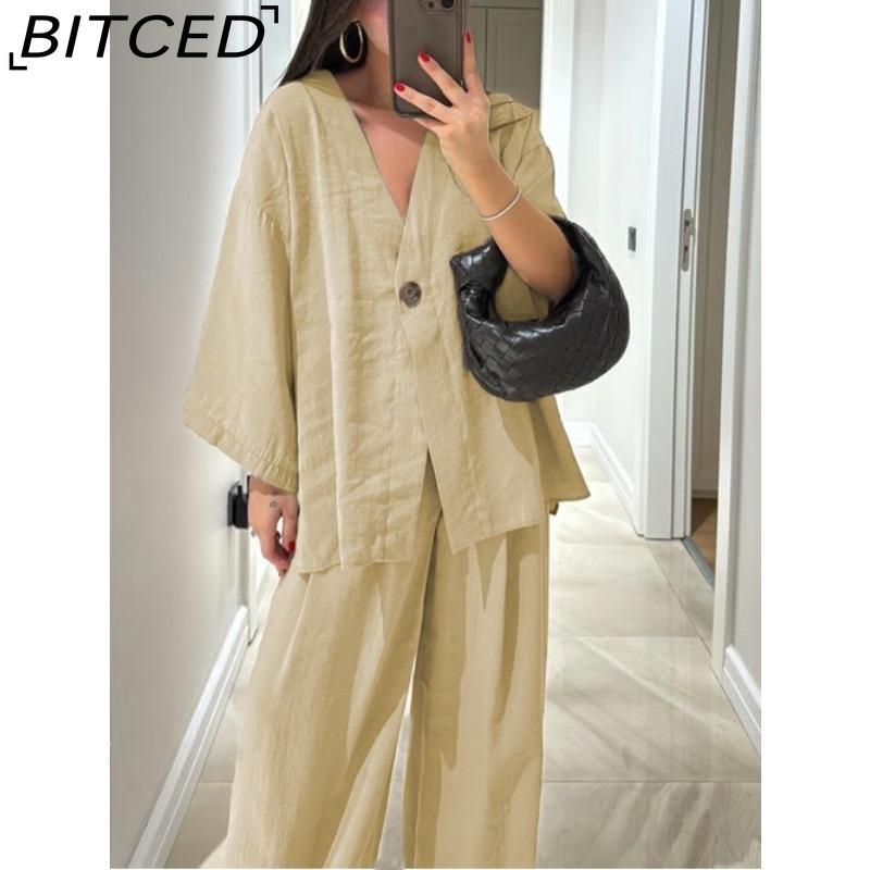 BITCED Women's Fashion Casual Set V-neck Single-Button Loose-Fit Long-Sleeve Top High-Waisted Trousers Two-Piece Set
