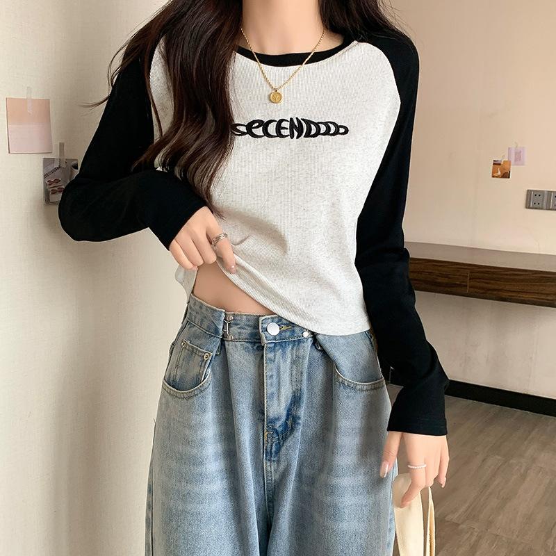 Autumn Tops for Women, New Long-sleeved T-shirts with Design, Color-blocked Embroidered Letters, High-end Inner Bottoming Shirts