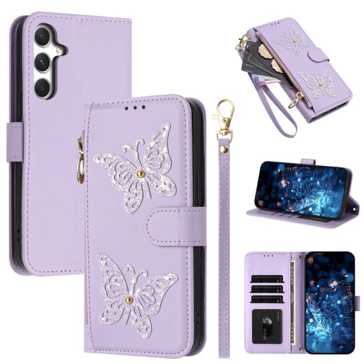 Glitzer Schmetterling Reißverschluss Veganes Leder Handyhülle Für Galaxy A07 4G / A06 5G / A06 4G, Kartenhalter Handgelenkschlaufe Stoßfeste Hülle