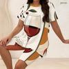 Women Plus Size Two Piece Set Wine Cup Leaf Geometric Print Round Neck Short Sleeve Split Top Knee Length Pants