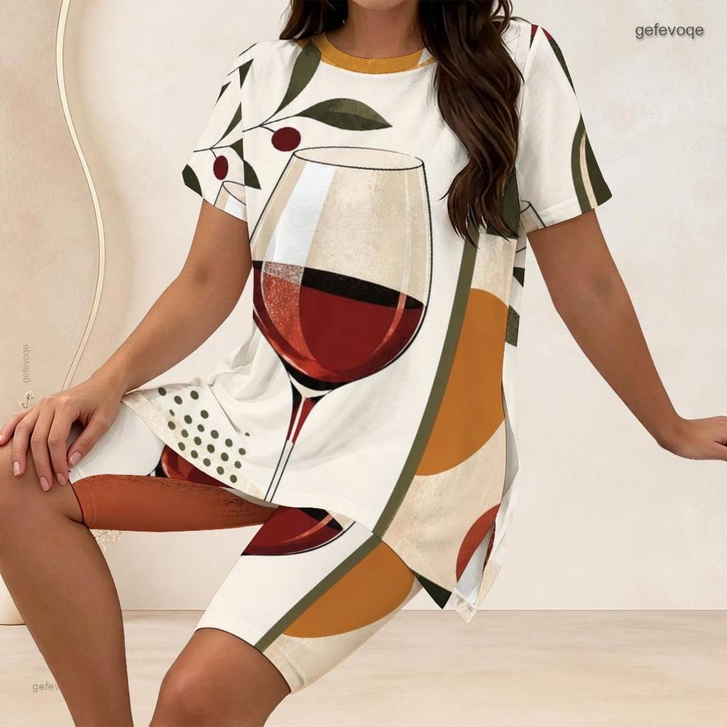 Women Plus Size Two Piece Set Wine Cup Leaf Geometric Print Round Neck Short Sleeve Split Top Knee Length Pants