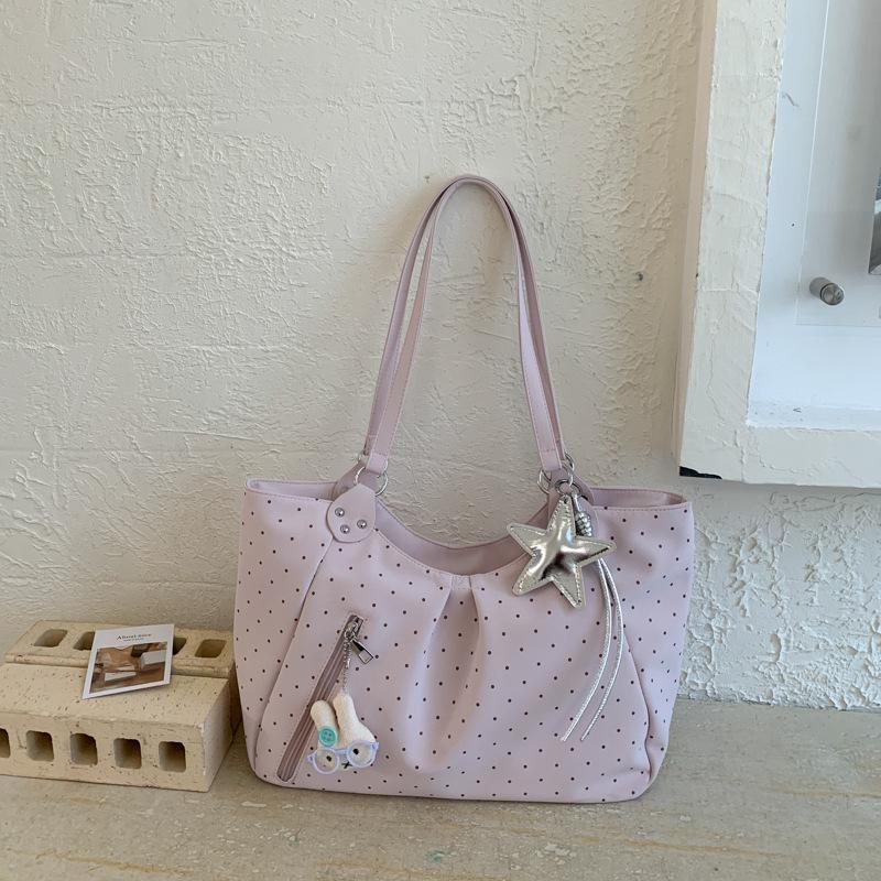 Vintage Frosted Tote Bag Casual Students Purse Large Capacity Shoulder Bag Polka Dot Drawstring Zipper Handbag with Star Pendant