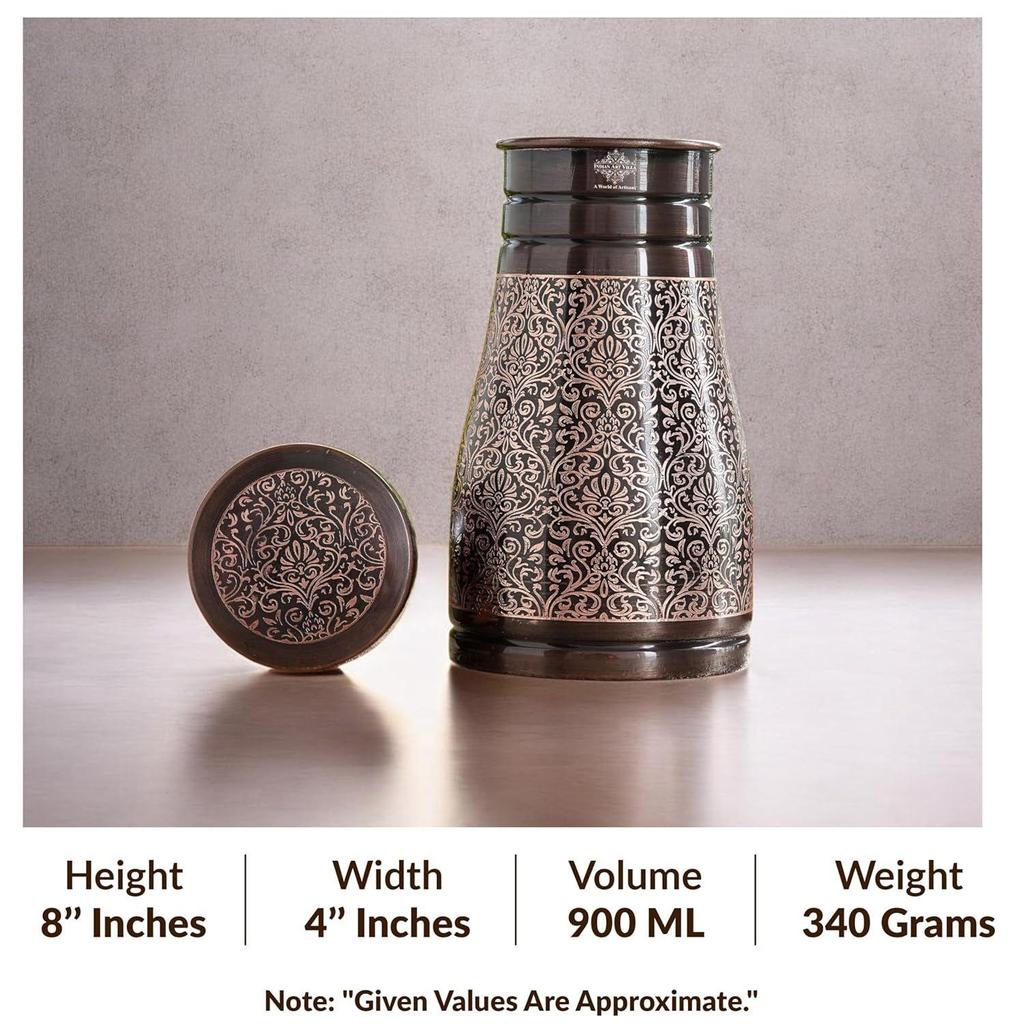 VILLA Pure Copper Bedroom Water Bottle with Inbuilt Glass, Dark Embossed Design, 900 ML Capacity (Pack of 2)
