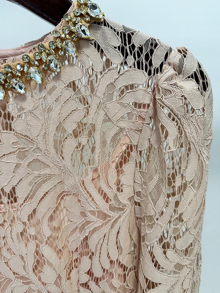 Spring/Summer 2025 European & American Star Fashion Beaded Diamond Long Sleeve Slim Lace Dress