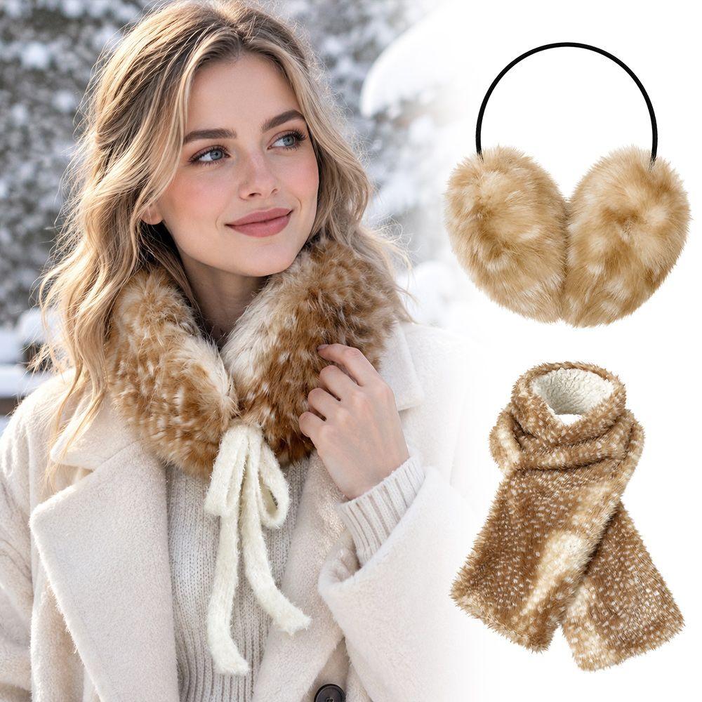 Y2K Faux Fur Scarf Deer Print Ear Muffs Cute Plush Neck Warmer Women