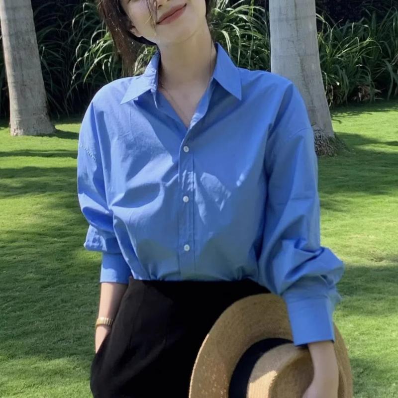 

Spring Autumn New Fashion Turn-down Collar Long Sleeve Solid Color Blouses Women s Button French Style All-match Shirts S синій