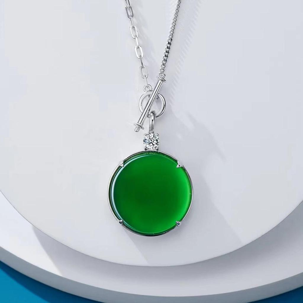 925 Sterling Silver Women's Pendant Necklace with Natural Green Chalcedony and Round Diamond-Set - Elegant Light Luxury Style