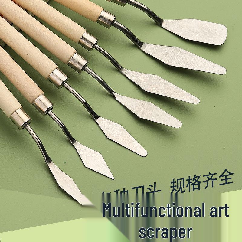 Student Art Stainless Steel Palette Knife - Wooden Flat Head, Pointed Gouache Scraper
