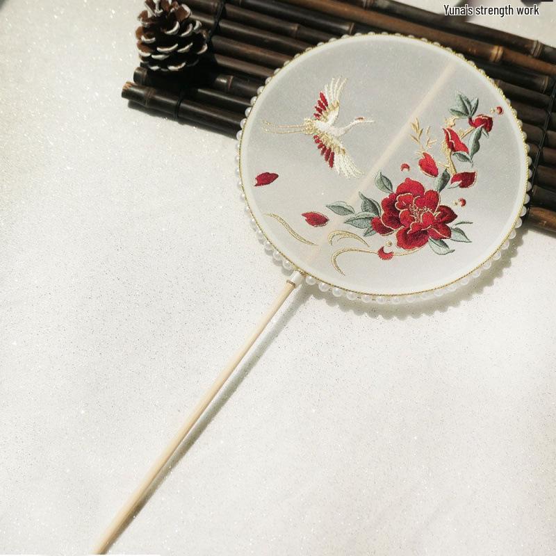 Neo-Classical Embroidered Hanfu Tassel Fan with Long Handle