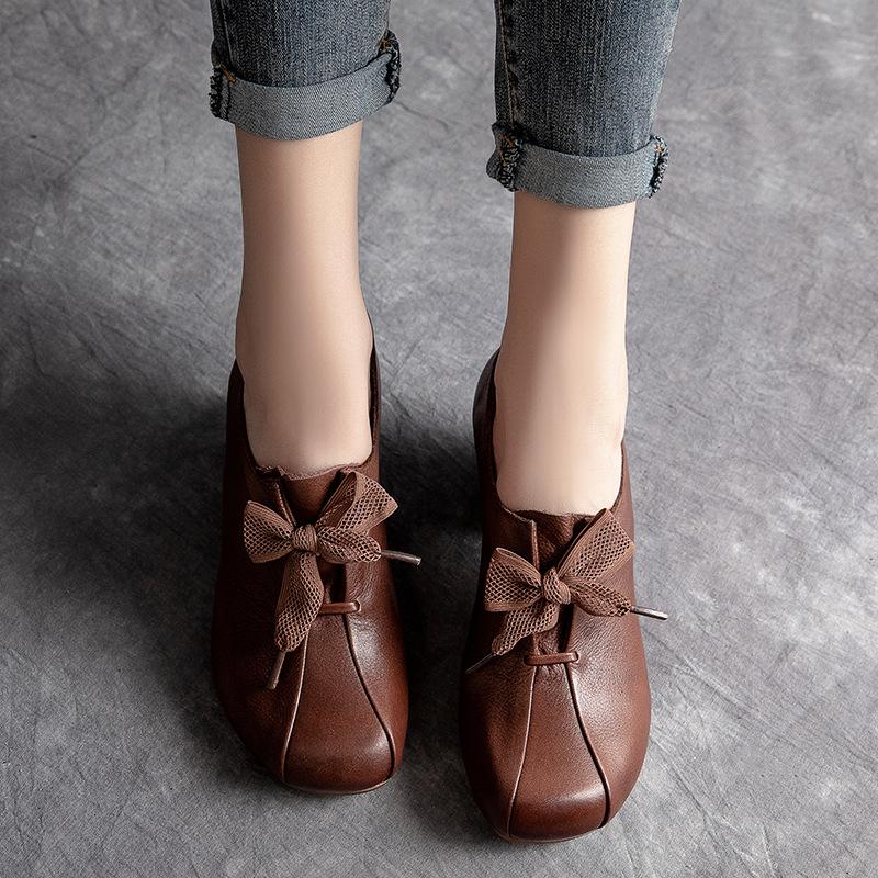 Echte Leder Damen Loafer Klobiger Absatz Schnürung Niedriger Schaft Oxford Schuhe Bequeme Lässige Pumps