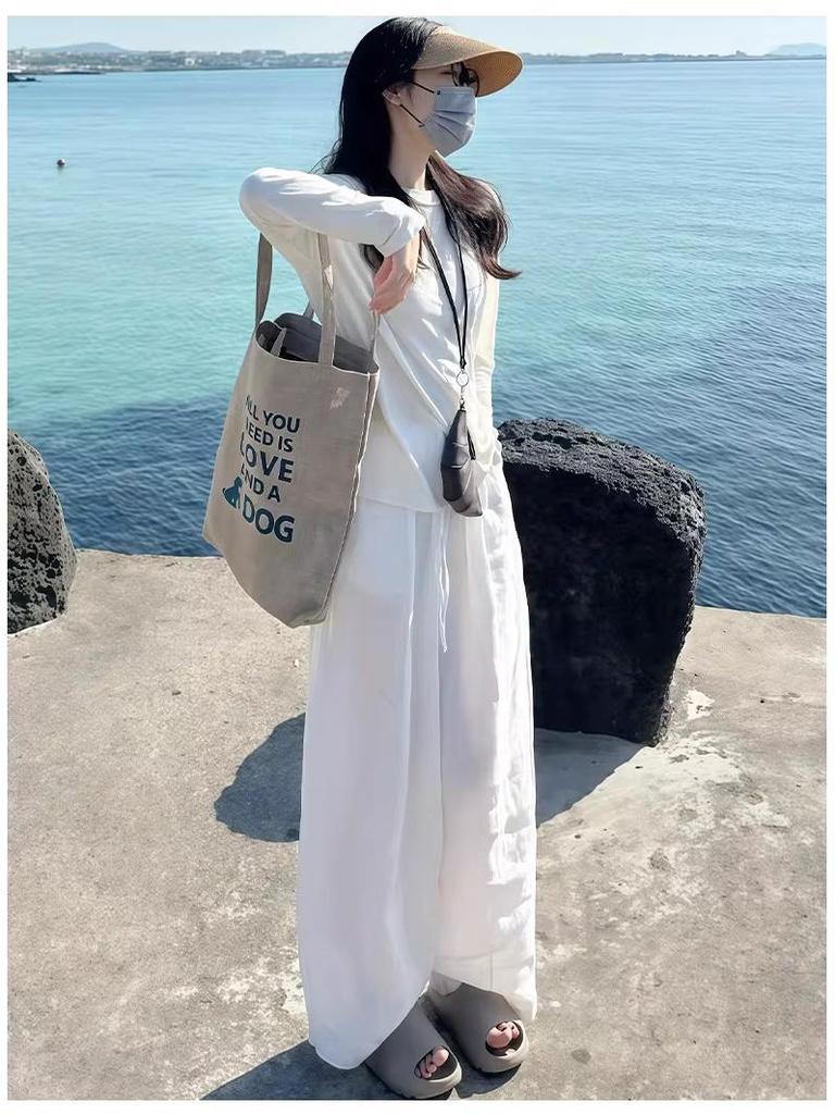 Women's White Cotton Linen Wide-Leg Pants - Slimming, Lightweight, Ice Silk, Casual Spring/Summer 2026