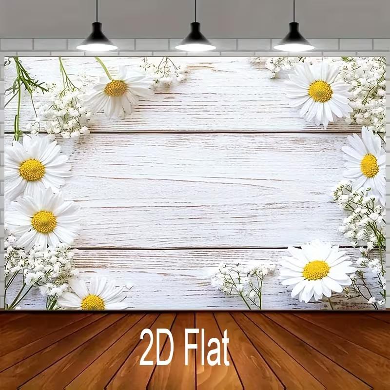 2D Rustic White Wood Daisy Backdrop, 2D Floral Background for Parties