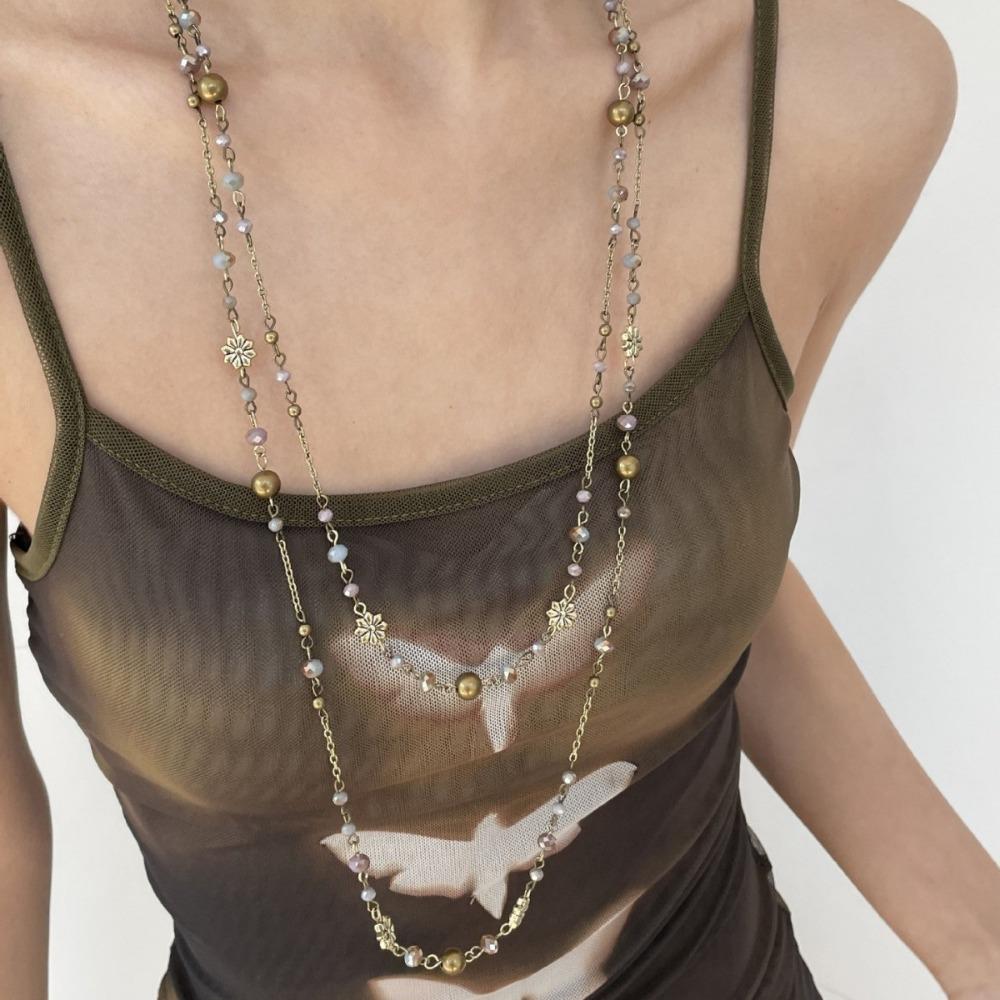 Vintage Mode doppelreihige Blumenkette lange stapelbare Pulloverkette Y2K Stil Perlenkette geometrisch
