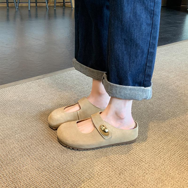 

Cowhide~ inner height increase small golden bean yellow Birkencool slippers women s summer wear one pedal thick-soled bag head half slippers 40