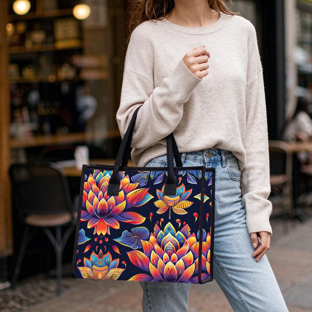 Vibrant Lotus Print Tote Bag Casual Daily Use Large Capacity Handbag for Shopping Travel
