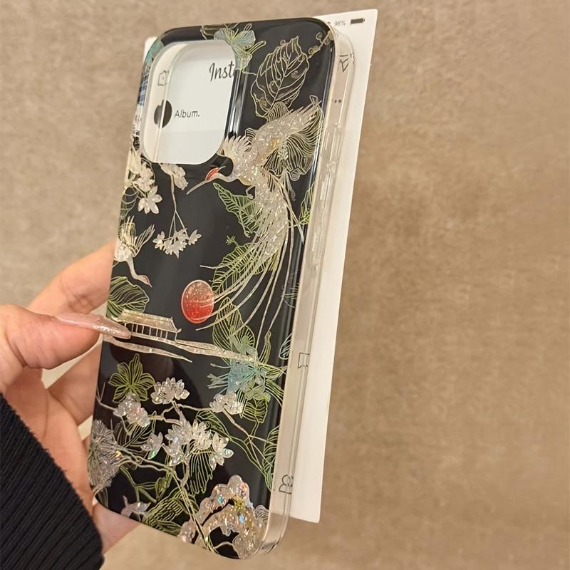 Sparkling Glitter Chinese Style Landscape Crane Phone Case For iPhone 11 12 13 14 15 16 17 Pro Max XS XR X 7 8 Plus Soft Cover