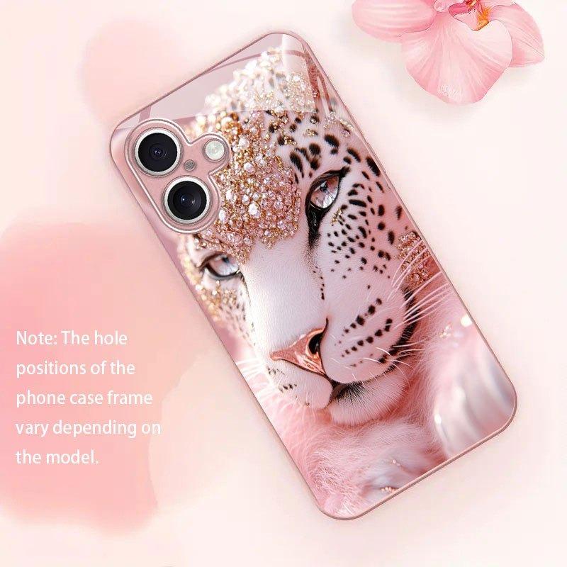 Cute Crystal Leopard Pink Metallic Tempered Glass Phone Case For iPhone 11 12 13 14 15 16 17 Pro Max 15 14 Plus 17 Air 17E Cover