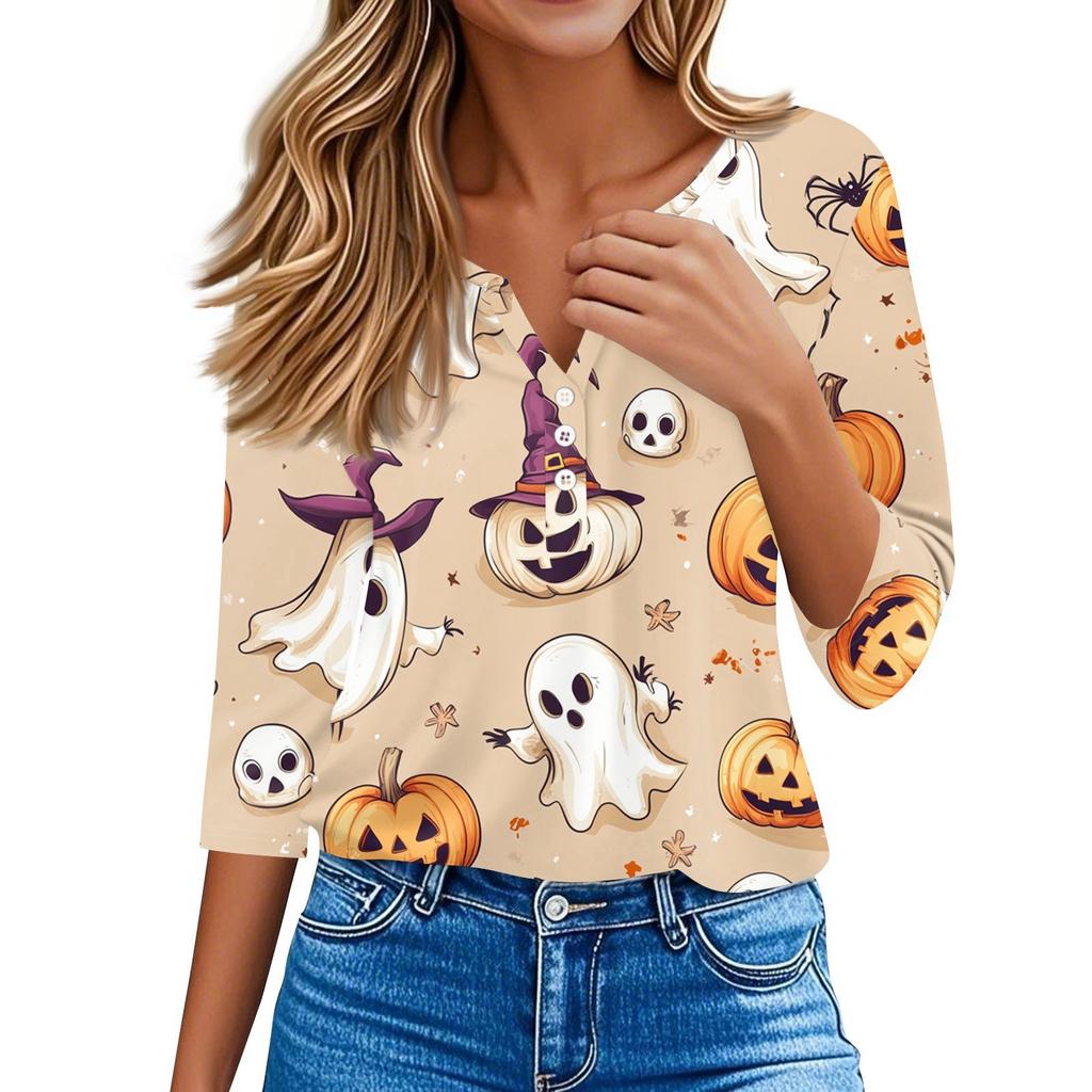 Damen T-Shirt Tee Halloween Bedruckt Knopf 3/4 Ärmel Tunika Täglich Wochenende Mode Basic V-Ausschnitt Reguläres Oberteil