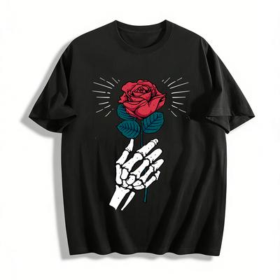 Szkieletowa Dłoń Trzymająca Czerwoną Różę Grafika Codzienny Top Bawełniany T-shirt