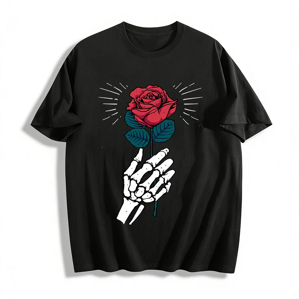 Skeleton Hand Holding Red Rose Graphic Casual Top Pure cotton T-shirt XXS