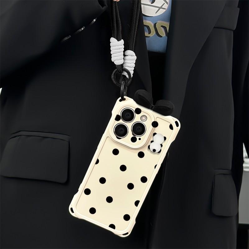 Polka Dot Panda for IPhone 16 Phone Case 15pro for Apple 16ProMax Couple Model 14 with Lanyard 13