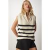 Women's Cream Black Zippered Collar Striped Sweater Mx00123
