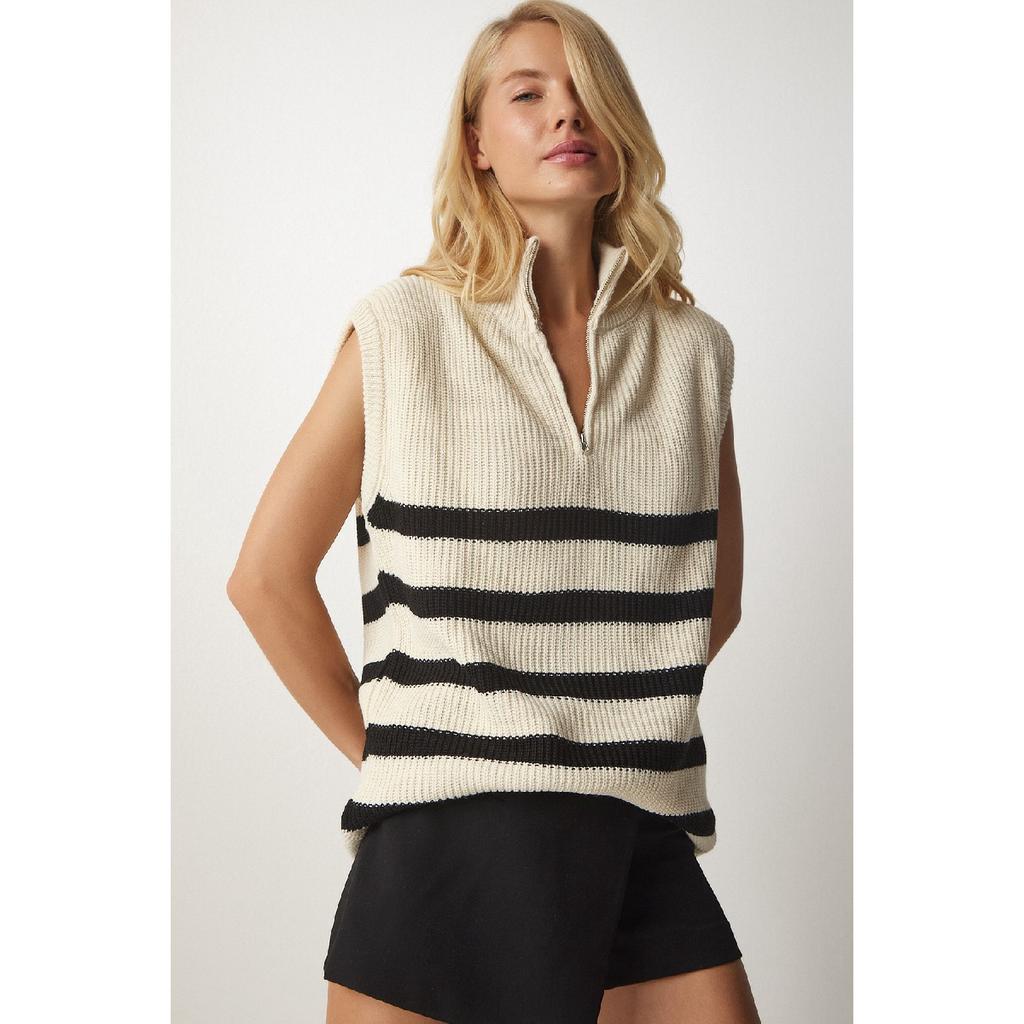 Women's Cream Black Zippered Collar Striped Sweater Mx00123