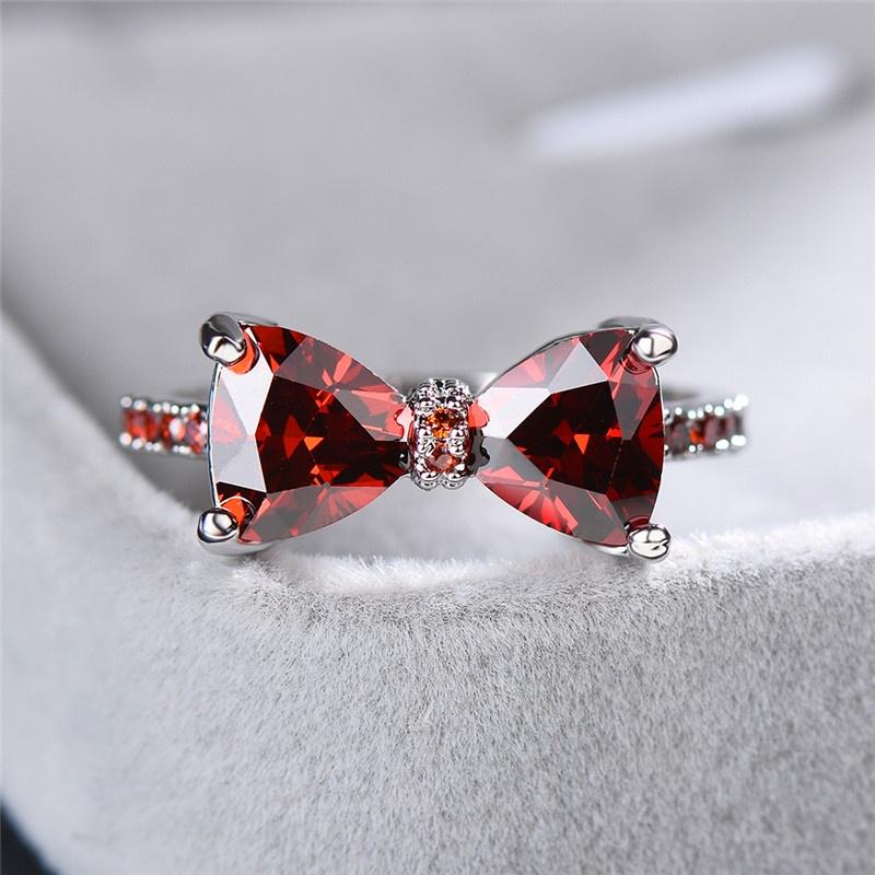 Chic Four Claws Bowknot Red Zircon Rings for Women Ring Fashion Jewelry Size 6-10