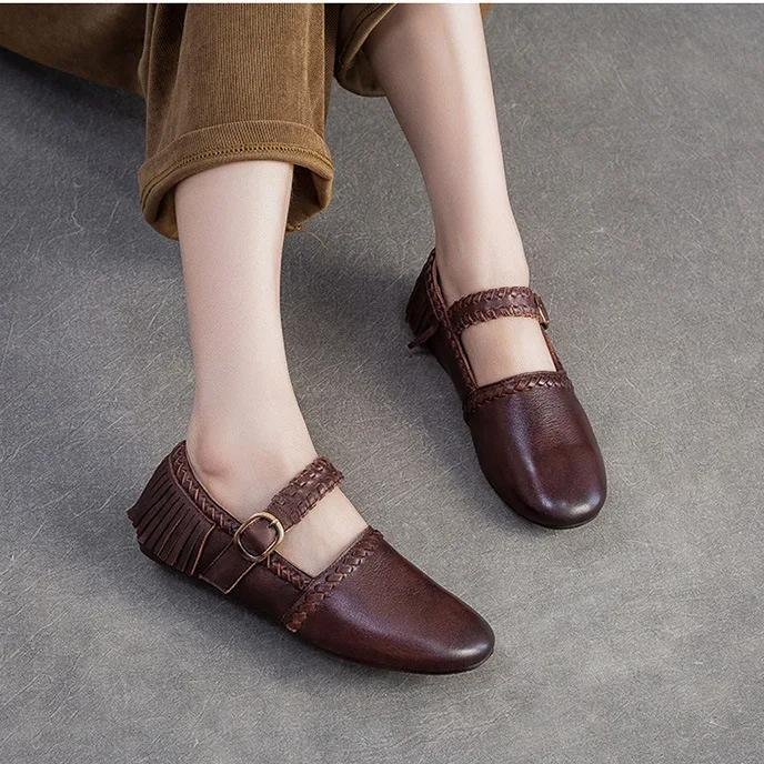 Johnature Genuine Leather Solid Color Belt Buckle Women's Shoes Retro Versatile Tassel Round Toe Soft Sole Flats