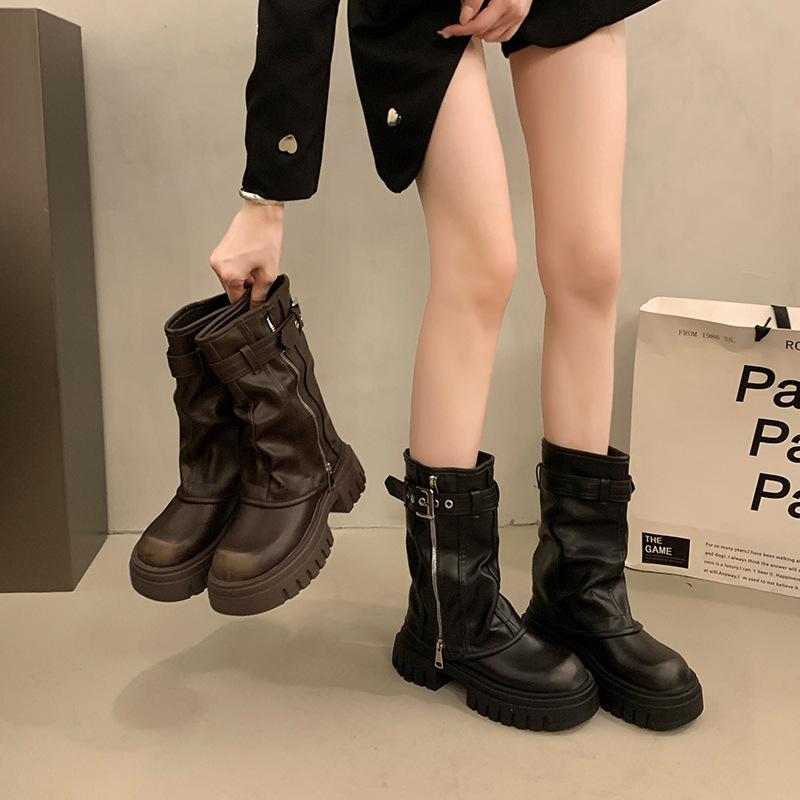 Winter Women Biker Boots Fashion Belt Buckle Ladies Elegant Platform Flats Short Booties Casual Women's Knight Booties