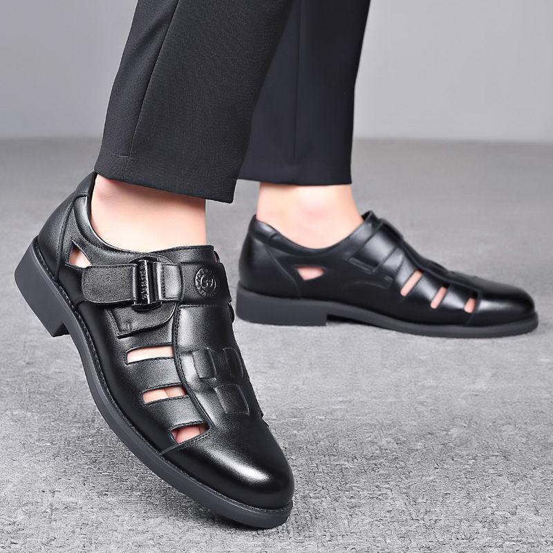 Sandals Men's Summer Soft Leather Breathable Hole Leather Shoes Soft Sole Cool Leather Shoes Business Casual Hollow Bag Head Dad Shoes