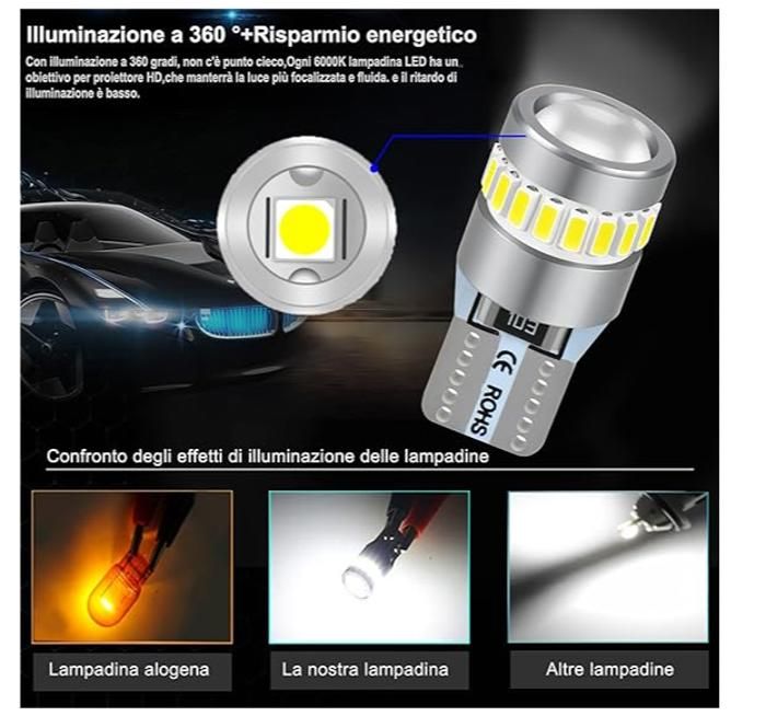 W5W T10 LED Bulbs 6000K White Light, 12V Ceiling Light For License Plate Side Marker Lights (Pack of 4)