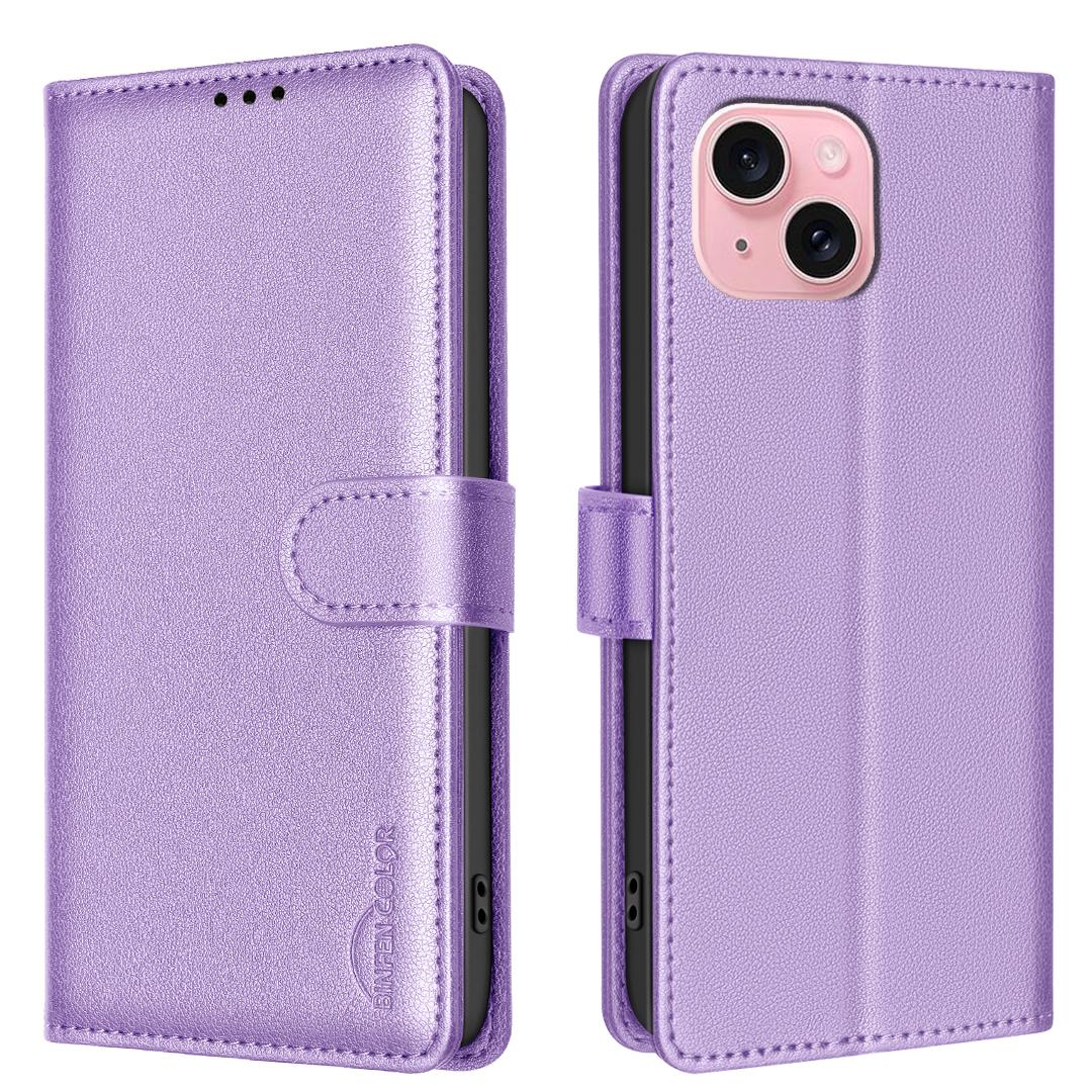 

BINFEN COLOR BF32 For iPhone 13/14 Case RFID Blocking Litchi Texture Leather Cover Purple