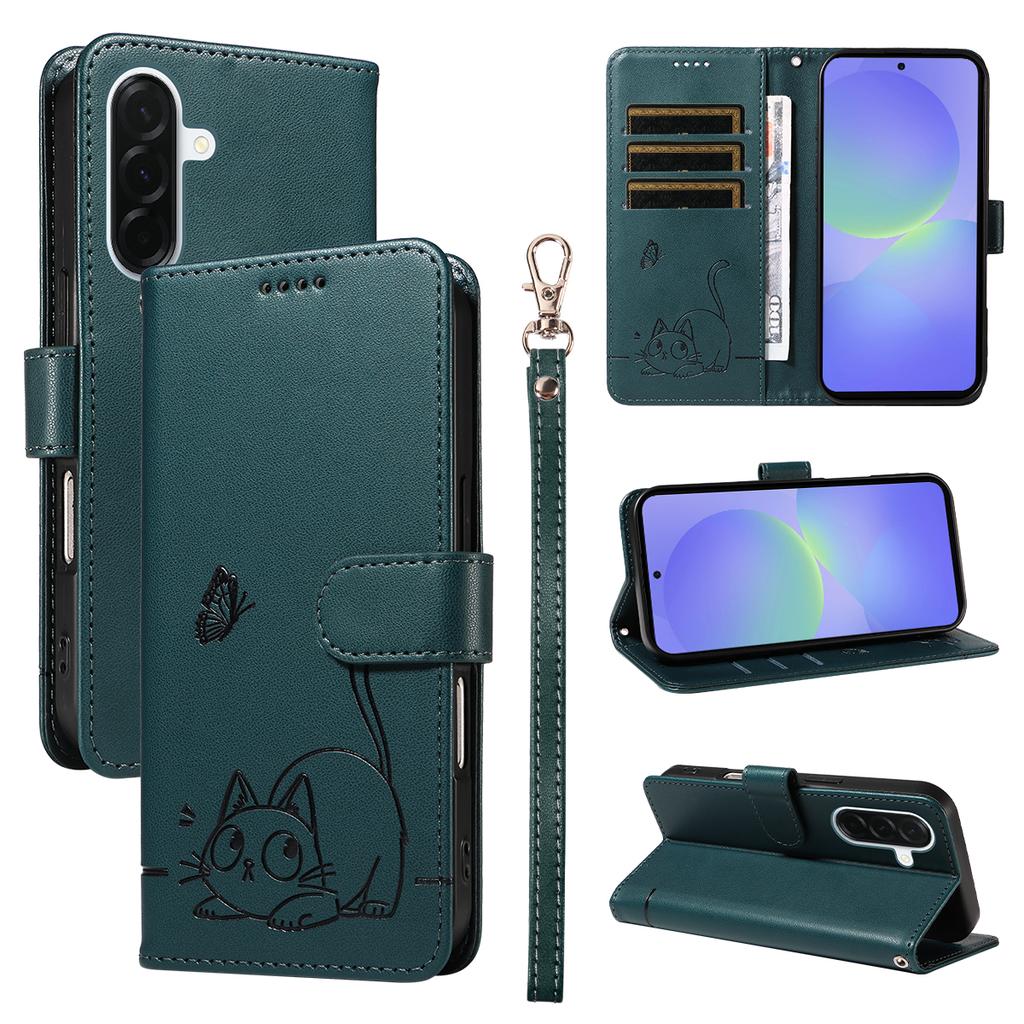For Samsung Galaxy A37 5G Case Cat Pattern Imprint Leather Phone Cover with Wrist Strap