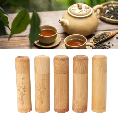 Bamboo Tea Canisters, Bamboo Tea Pots, Tea Storage Canisters, Natural Bamboo Containers for Small Item Storage, 5-Piece Set (2 Bamboo Canisters and 2