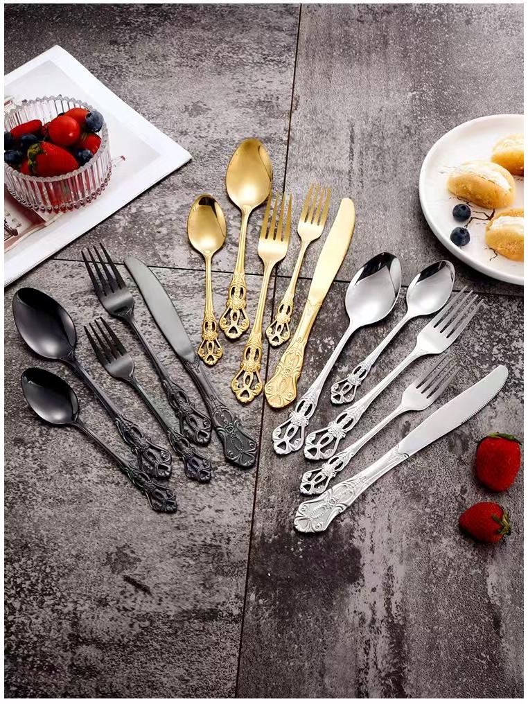 Royal Court 24-Piece Stainless Steel Cutlery Set - Embossed Hollow Steak Knives, Forks, and Spoons