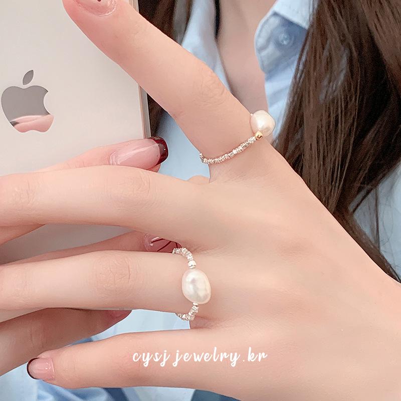 Cui Yan S925 Sterling Silver Natural Pearl Korean Style Color Block Elastic Ring for Women