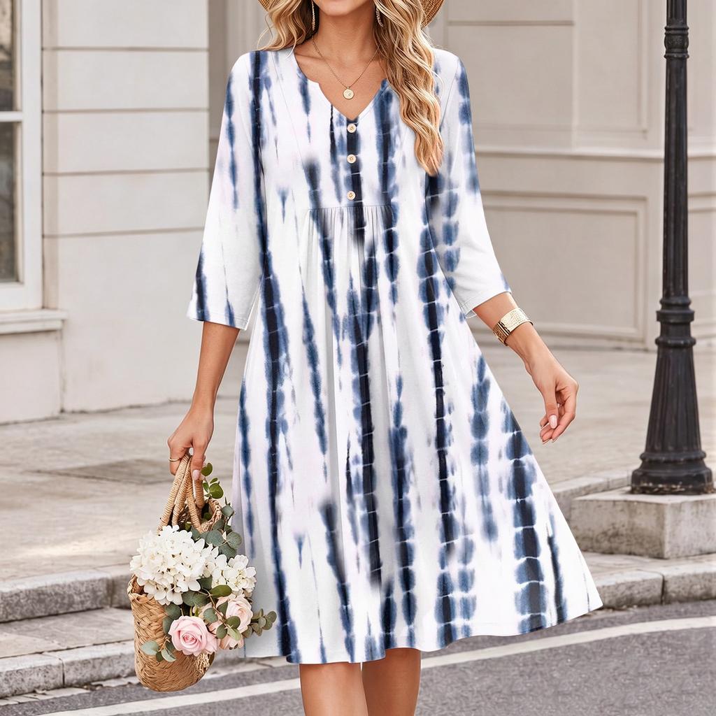 Women's Casual Floral Print V-Neck Three-Quarter Sleeve Dress