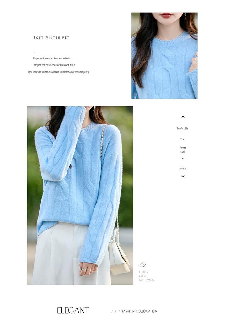 Women's 100% Wool Cable Knit Pullover - Round Neck, Long Sleeve, Solid Color, Loose Fit