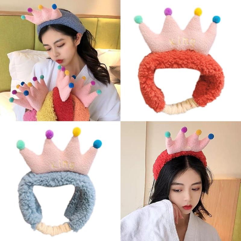 Plush Colorful Crown Hairband Soft Spa Headbands Elastic Furry Turban Non-slip Headwrap for Washing Face Makeup Tool