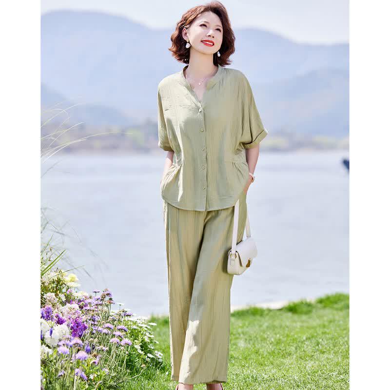 Women's Mid-Aged Summer V-Neck Top & Cropped Pants Set