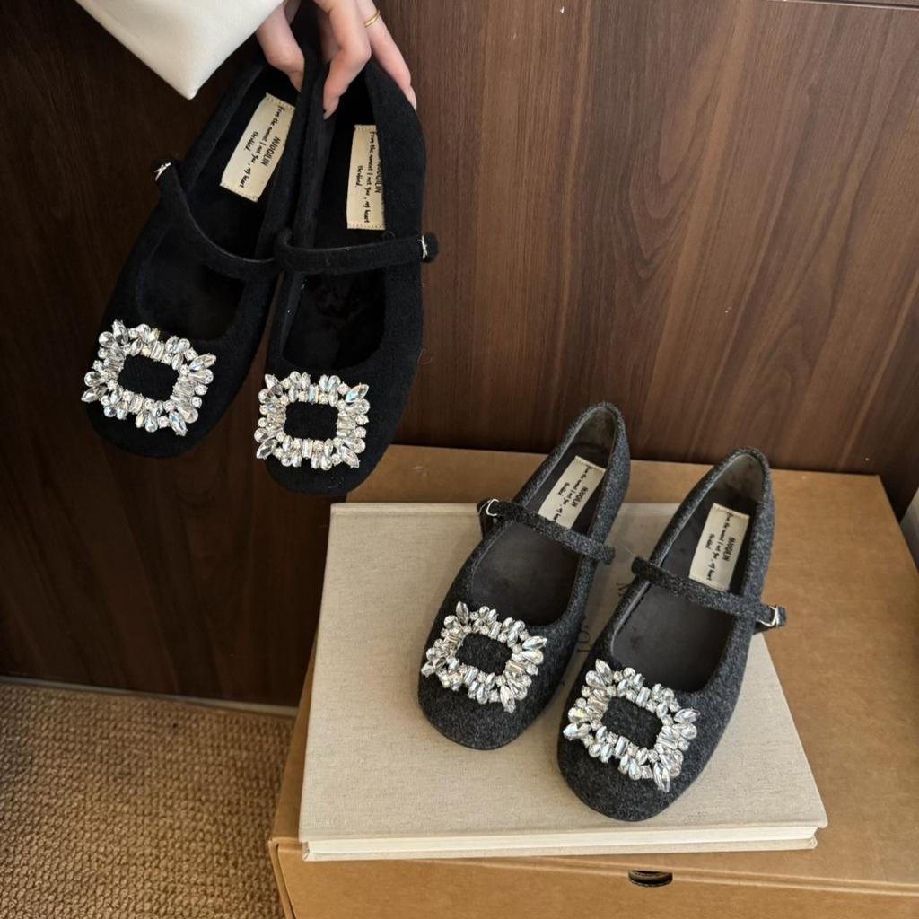 2025 French Square Head Rhinestone Fluffy Shoes for Women To Wear Outside Autumn and Winter New Versatile Gentle Mary Jane Evening Shoes